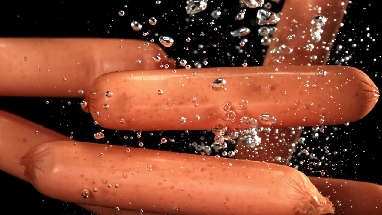 Movimento rallentato di salsicce che cuociono in acqua bollente