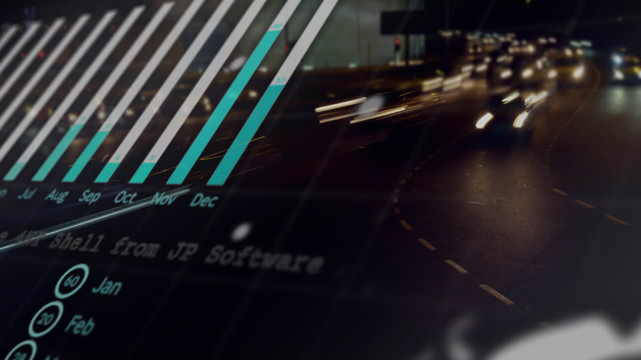 Animation of digital data processing over traffic in city