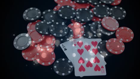 Animation-of-white-spots-of-light-floating-over-poker-chips-and-playing-cards-on-black