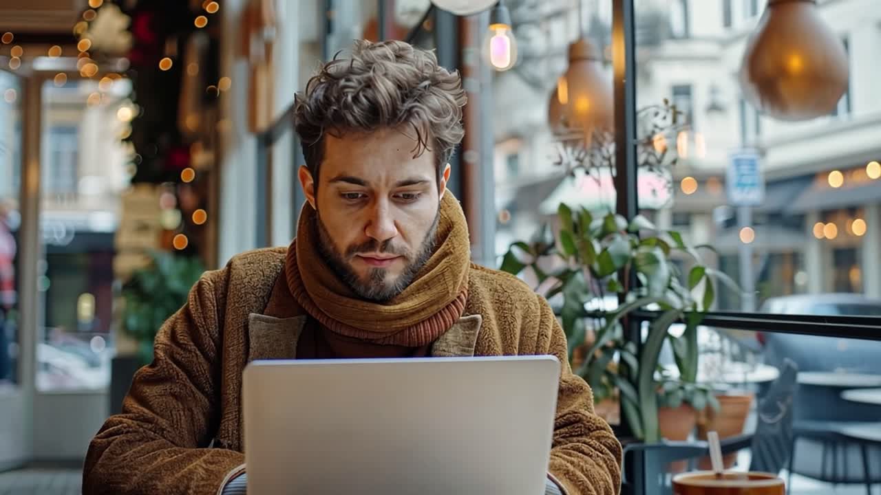 Man Working on Laptop in a Cozy Cafe