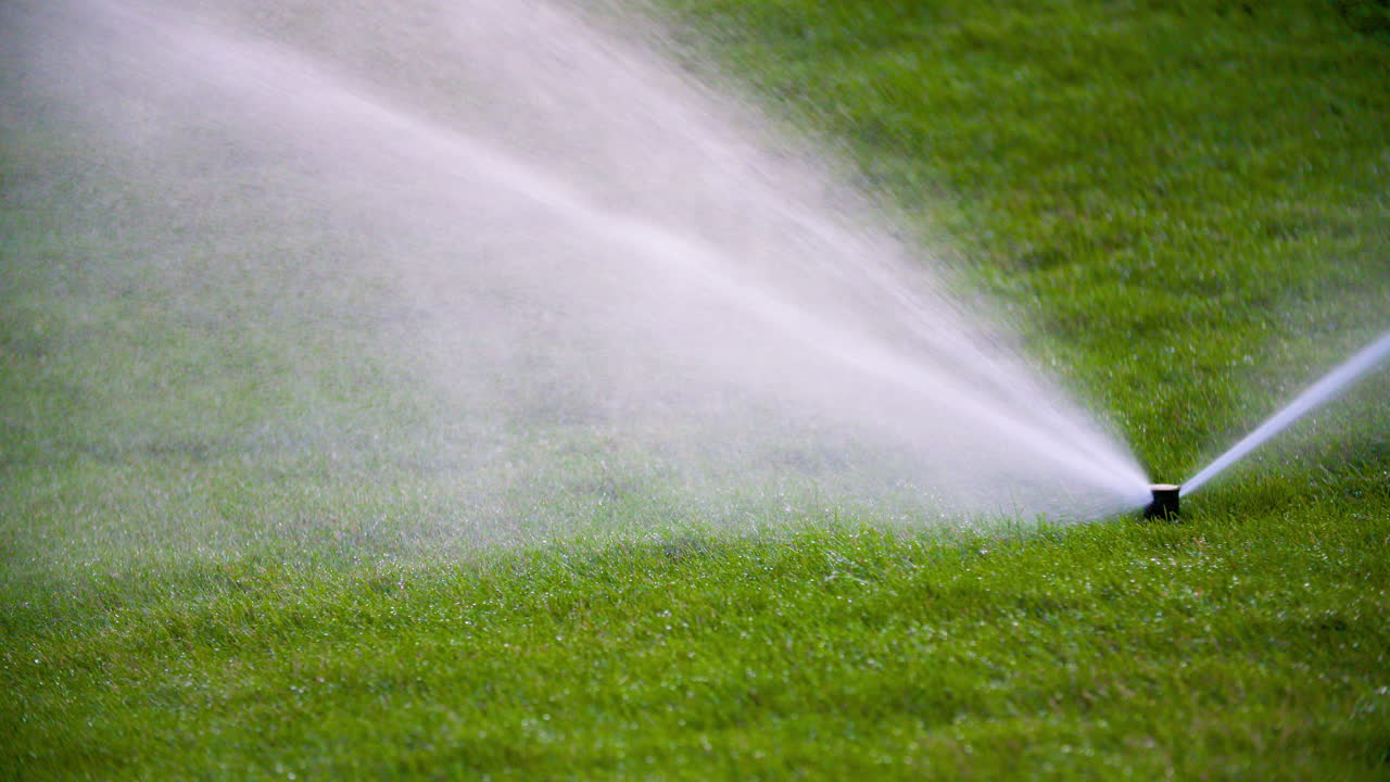 Medium Shot Of Grass Sprinkler Splashes Water Over The Lawn 6