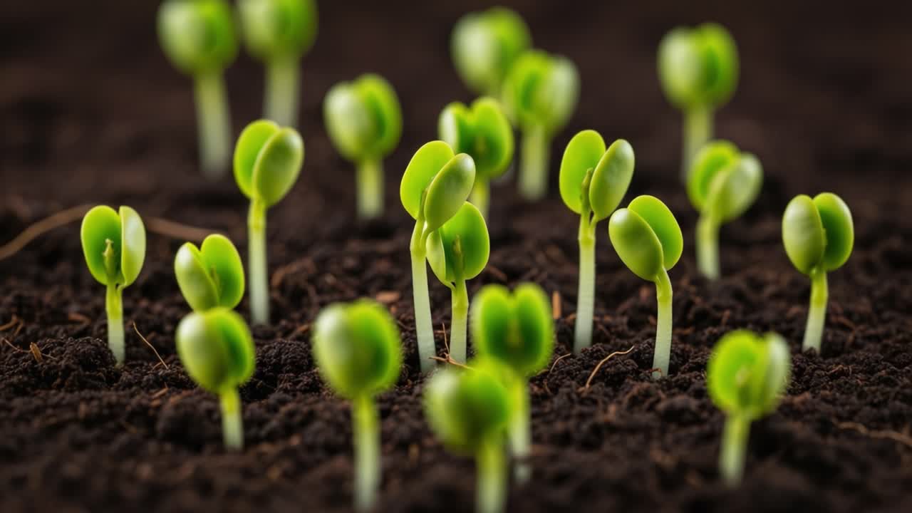 Young Green Sprouts Growing in Dark Soil