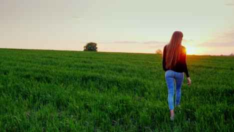 a young woman with beautiful long hair walks along the green field