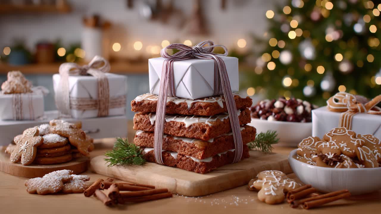 Ein entzückendes Feiertagsdessert mit festlichen Leckereien und wunderschön verpackten Geschenken auf einem gemütlichen Tisch, umgeben von einer warmen, festlichen Atmosphäre