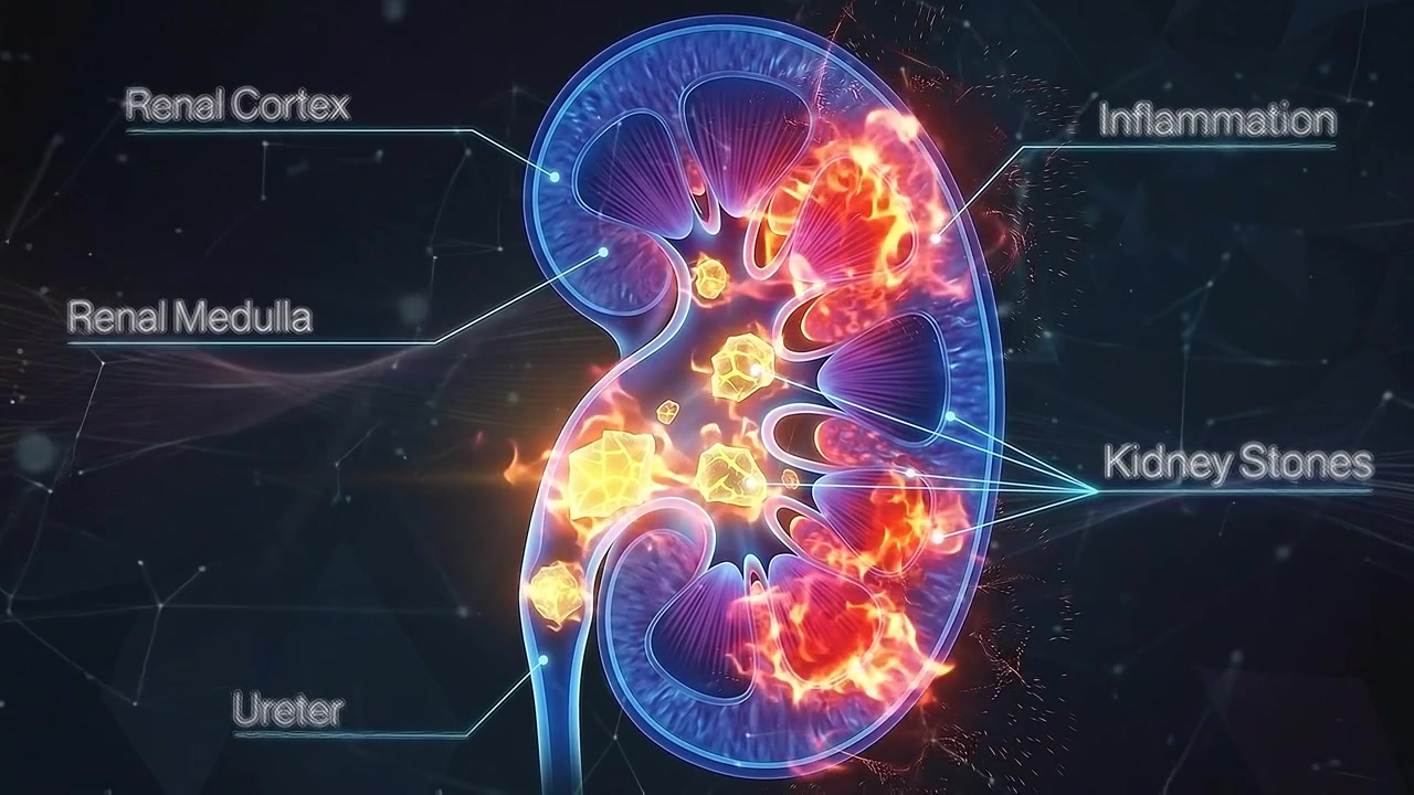 Animazione Medica di Calcoli Renali e Infiammazione