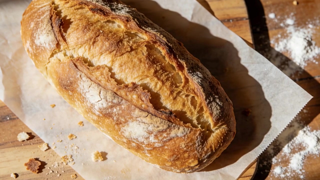 Telecamera che si sposta rivelando una pagnotta artigianale che riposa su un tagliere di legno in cucina, mostrando carta da forno e briciole.