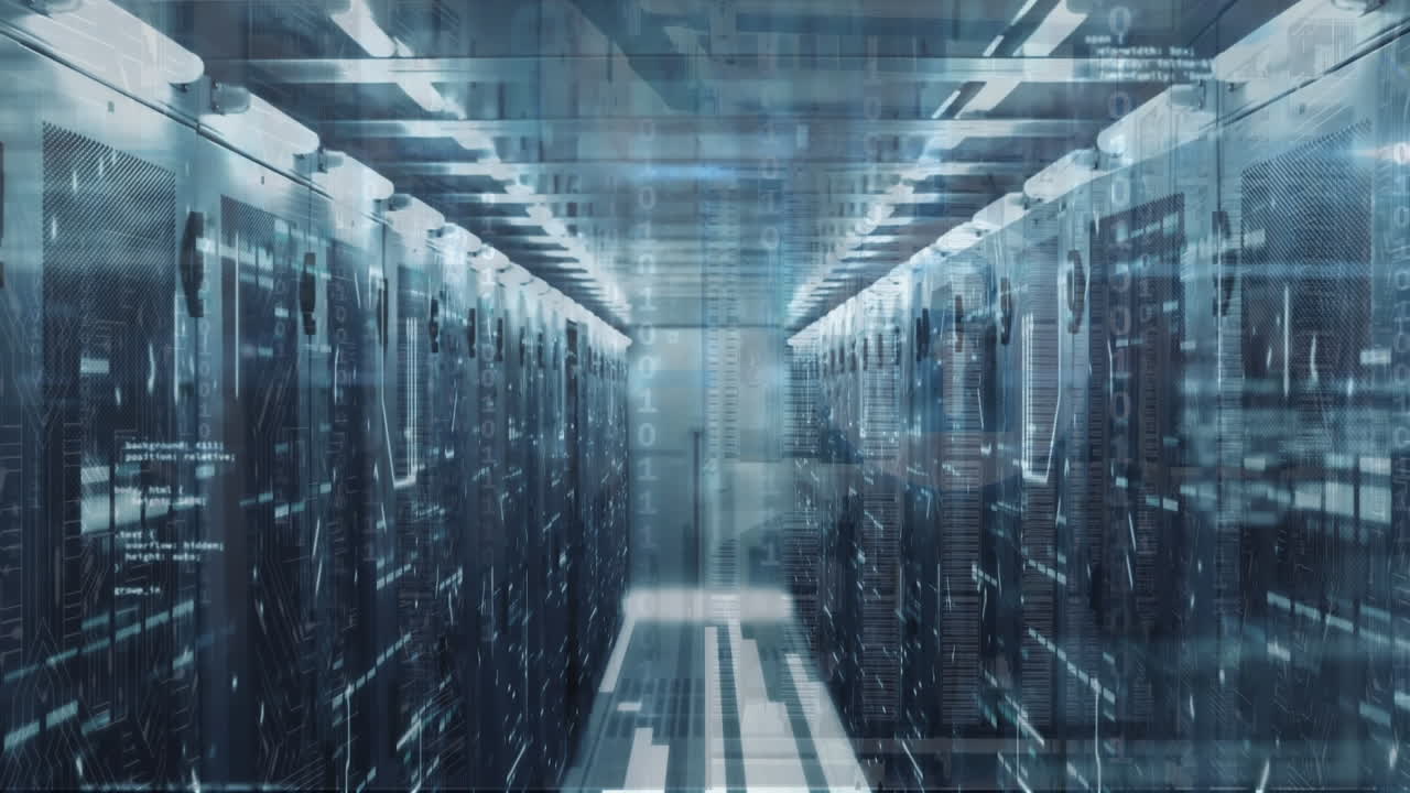 Animation of programming language and binary codes over illuminated data server racks