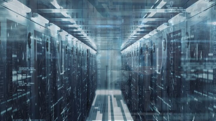 Animation of programming language and binary codes over illuminated data server racks