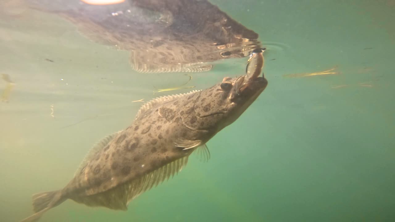 California halibut caught by fisherman, underwater view