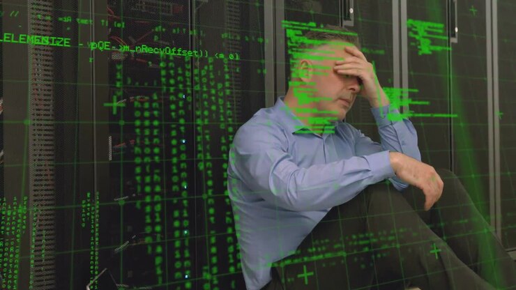Animation der Datenverarbeitung über einem kaukasischen Mann im Serverraum