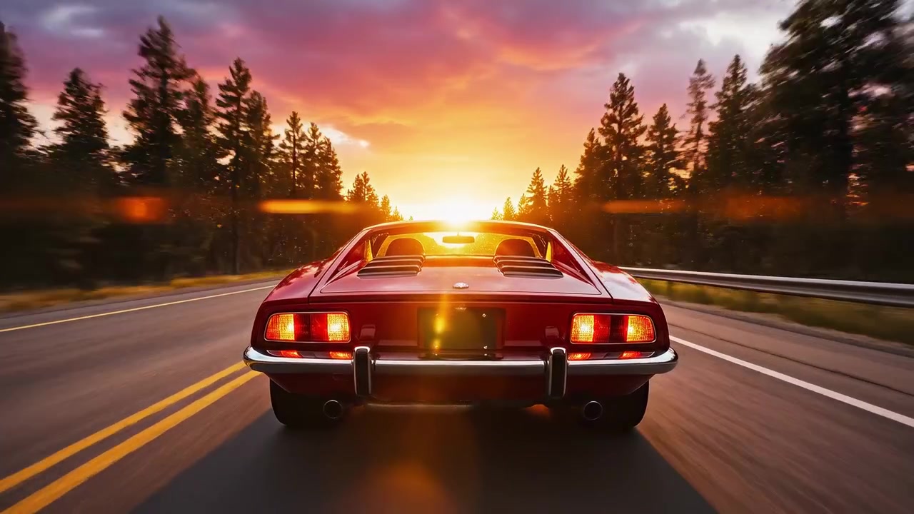Auto sportiva d'epoca rossa su strada panoramica al tramonto