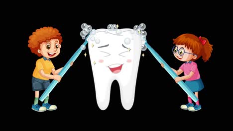 Two children use oversized toothbrushes to clean a smiling cartoon tooth, with animated bubbles and expressive facial changes on a black background