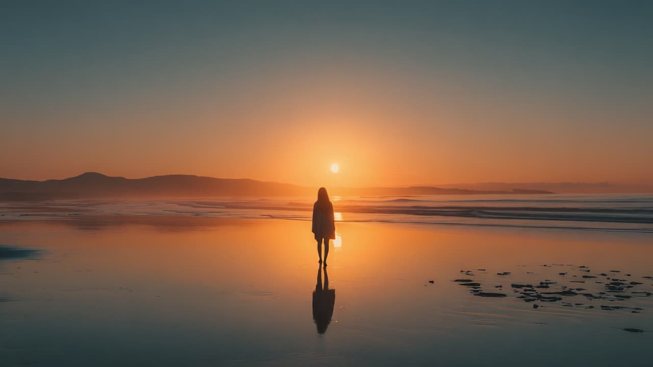 Solitary Figure Walking Along a Tranquil Beach at Sunset, Silhouetted Against Vibrant Orange and Blue Sky Reflected on Water's Surface