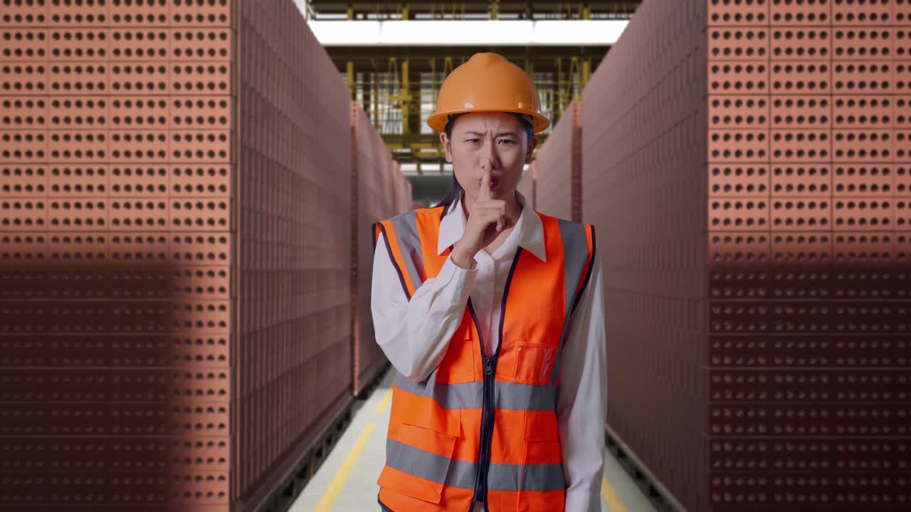 Asian Female Engineer With Safety Helmet Making Shh Gesture While Standing With Red Brick Packed in Stacks Are Stored