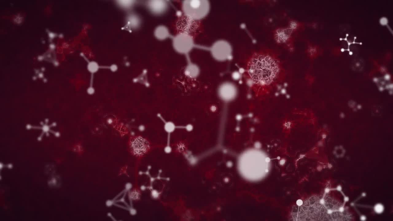 animación de moléculas y elementos químicos flotando sobre un fondo púrpura