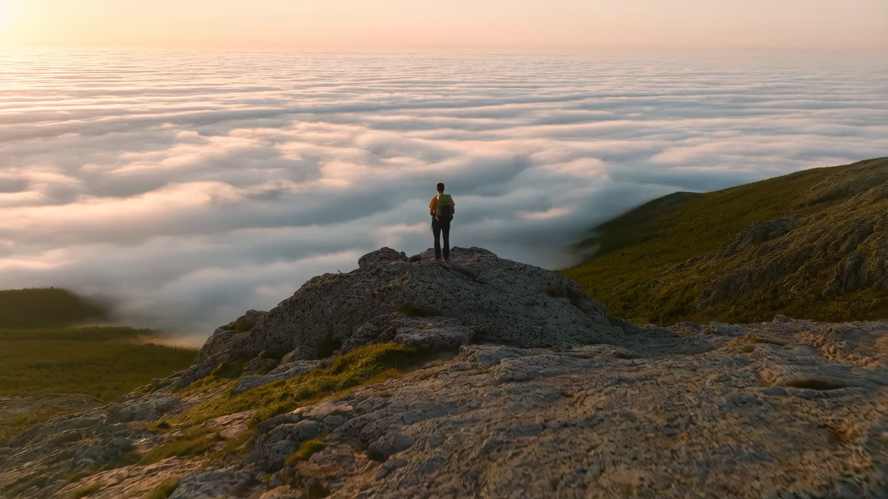 Person standing on mountain peak above a sea of clouds