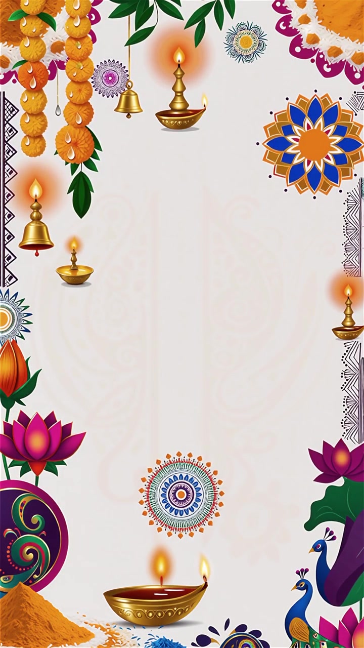 Sfondo Diwali con Diyas luminosi, Rangoli e fiori di loto