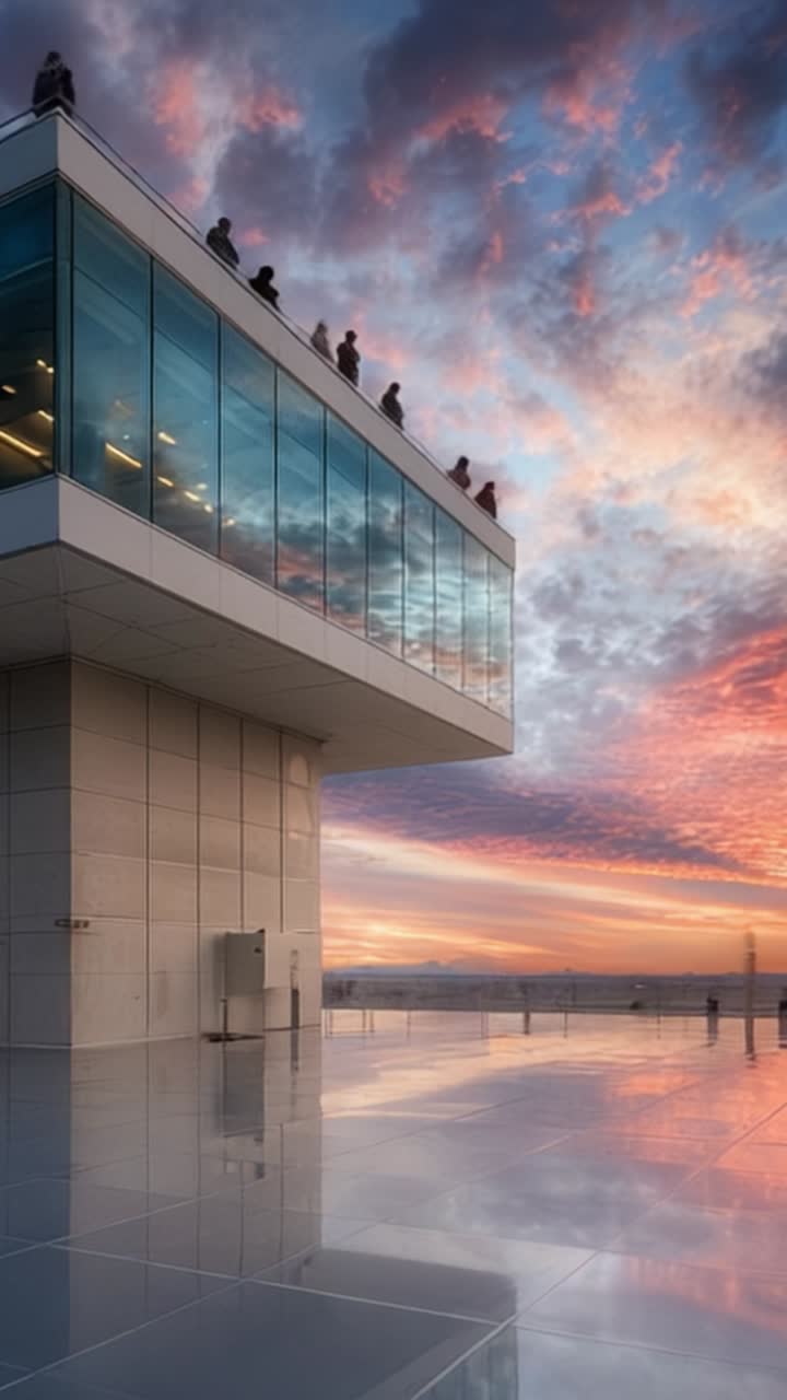Reflexos deslumbrantes do pôr do sol: Um edifício moderno cercado por nuvens e pessoas admirando o céu vibrante de um ponto de observação na cobertura