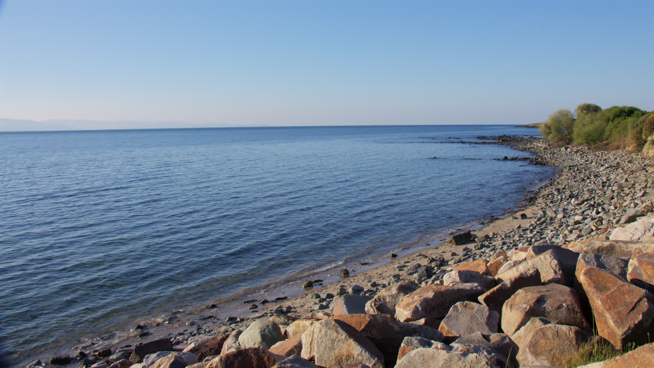 Wide shot of the rocky Shoreline at Pen-y-chain, Pwllheli