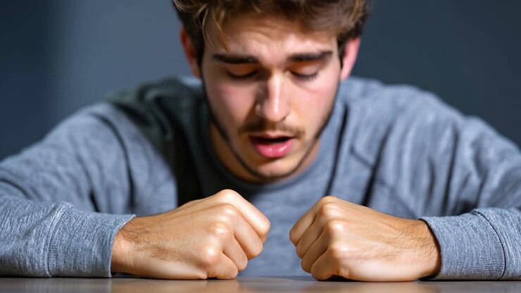 Giovane uomo appoggia la testa sulla scrivania, con gli occhi chiusi. Con le dita strette, sembra stressato o stanco. Alza lo sguardo, con gli occhi socchiusi e un'espressione stanca. Appare sopraffatto, forse esausto dal lavoro o dallo stress.