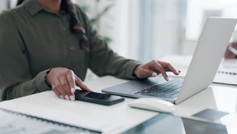 Phone-call,-laptop-and-Indian-woman-in-office