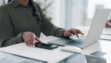 Phone call, laptop and Indian woman in office