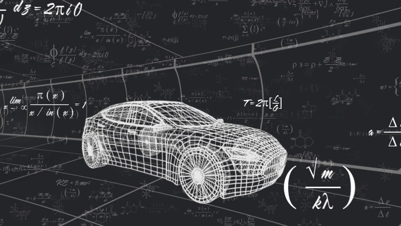 Dopo un secondo, formule appaiono attorno a un'auto wireframe in un tunnel, con annotazioni sfumate che illustrano la tecnologia.