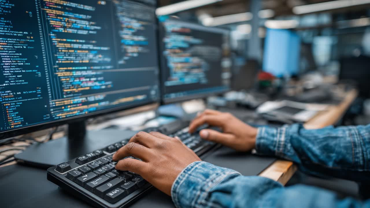 Engaged in Coding: A Close-Up of a Programmer's Hands on a Keyboard Amidst Multiple Monitors Displaying Colorful Lines of Code in a Modern Workspace