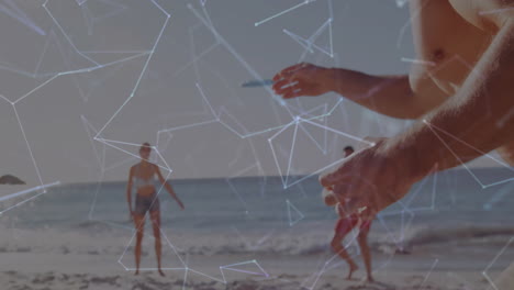 jugando al voleibol de playa, personas con conexiones de red animación sobre ellos