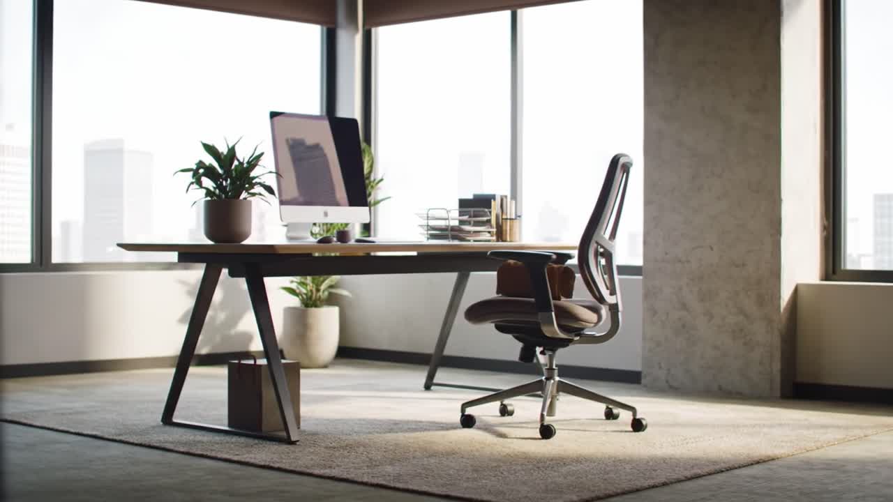 A Modern Workspace Featuring an Elegant Desk, Chair, and Lush Green Plants, Bathed in Natural Light from Large Windows Overlooking a Cityscape