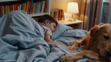 boy and golden retriever sleeping peacefully in bed