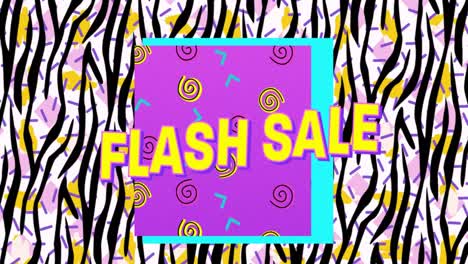 Digital-animation-of-flash-sale-text-on-purple-banner-over-zebra-stripes-pattern-on-white-background