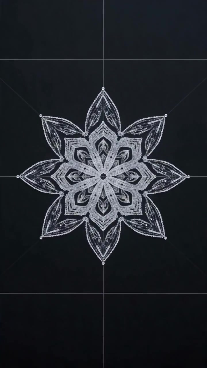 Sequenza di movimento verticale mostra un'esplosione di particelle che inizia come un'esplosione centrale e si evolve in una forma di mandala ornato.