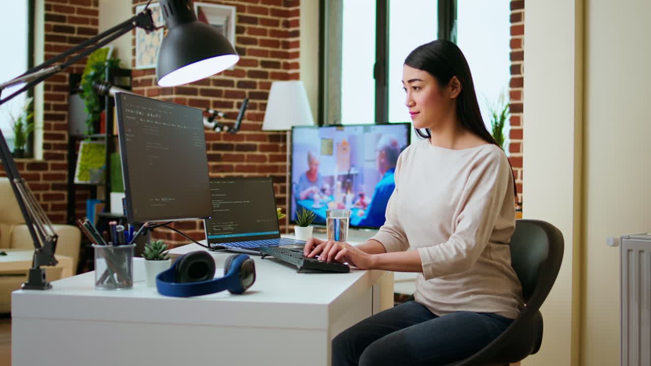 그것은 쾌적한 홈 오피스에서 듀얼 모니터에 전문 코드를 입력합니다.