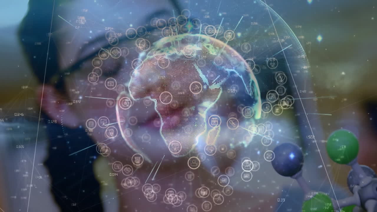 Using virtual reality headset, person interacting with digital globe in animation