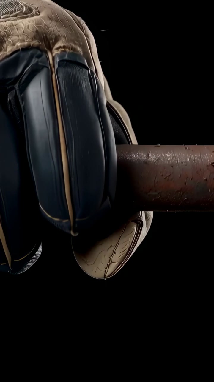 Holding leather glove padded knuckles closing as rusty rod moves from right in studio, copy space