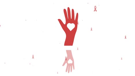 animation of hands with heart and cancer ribbons icons over white background