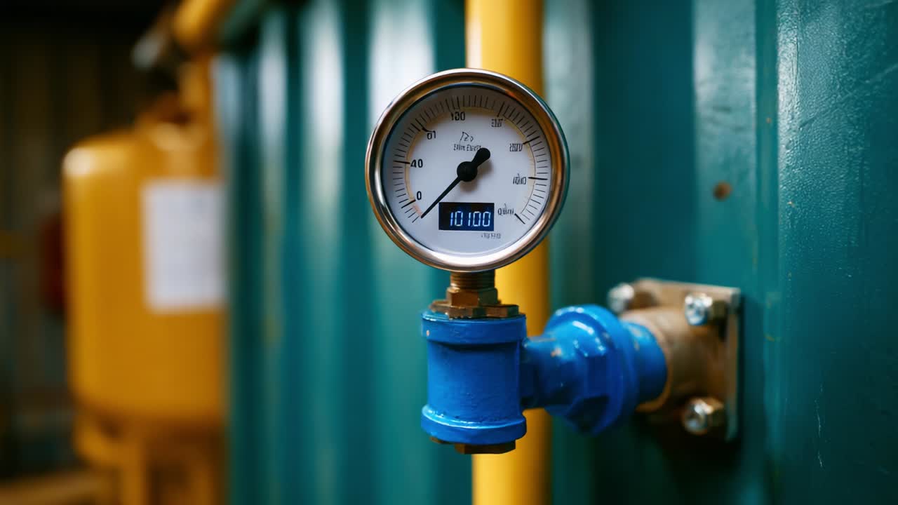 An industrial pressure gauge displays a measurement of 10.1 bar, showcasing essential monitoring equipment in a mechanical system, highlighting the importance of precise pressure readings in operational safety