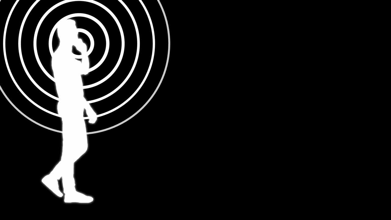 라디오 파동 실루을 가진 전화를 사용하는 남자.