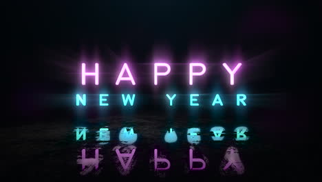 happy new year with neon lights on street in city