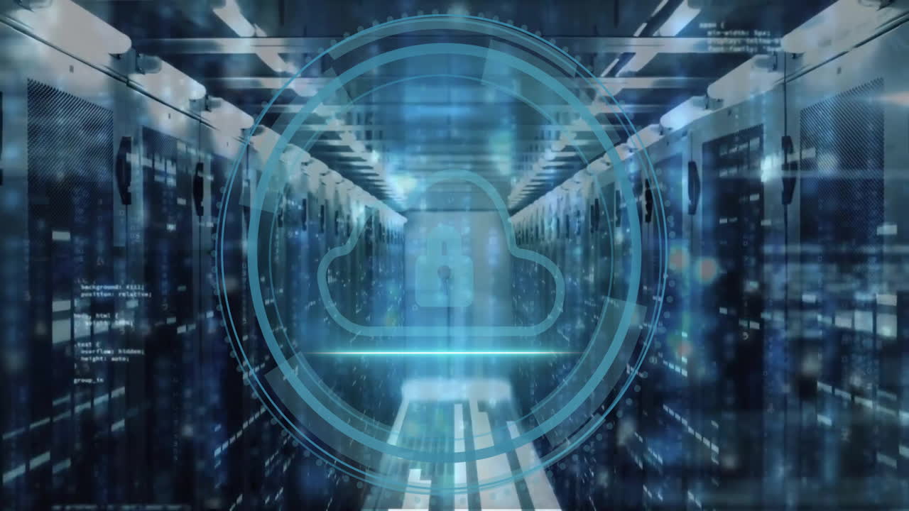 Animation of cloud icon and digital data processing over computer servers