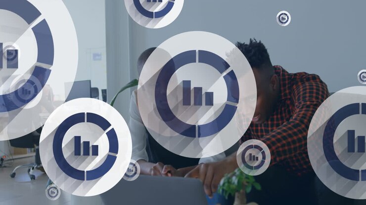 Animation of multiple digital icons over diverse business people in office
