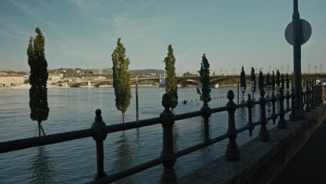 riverside view with submerged walkway, trees, and distant bridge, budapest, hungary