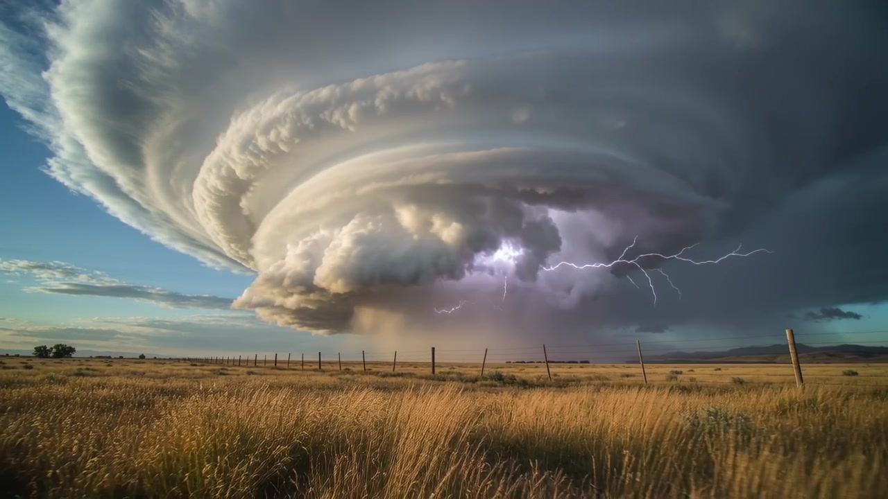 Nuvola a supercella rotante che lampeggia con fulmini, illuminando la wall cloud sopra una recinzione nella prateria