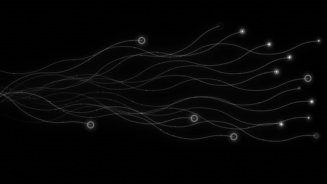 Abstract white signal wave visual with thin curved paths glowing circle nodes and dark minimal