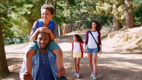 family on hiking adventure through forest