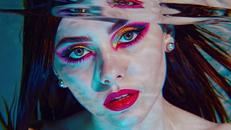 Colorful makeup adorning model's face, submerging partially underwater, creating dreamy distorted reflection, exploring interplay between light and abstract visual composition