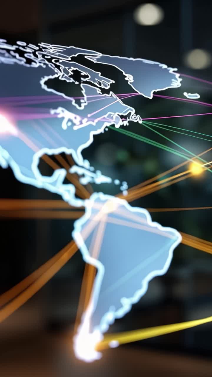 Una vibrante representación visual de conexiones globales y redes a través de continentes con líneas dinámicas que indican el flujo de datos en un mundo moderno.
