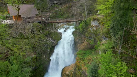 waterfall sum with a wooden bridge above it, surrounded by lush greenery and a cabin to the left