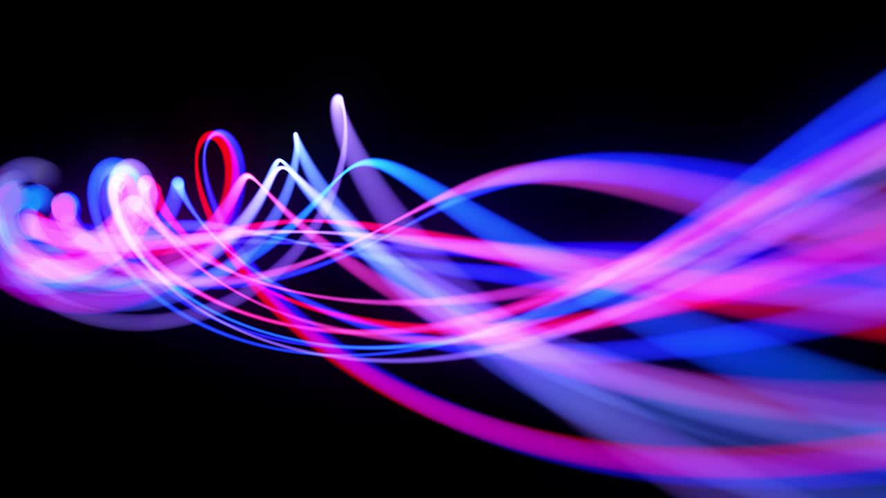 Light flow bg in 4k. Abstract looped background with light trails, stream of red blue neon lines in space move to form looped spiral shapes. Modern trendy motion design background. Light effect,